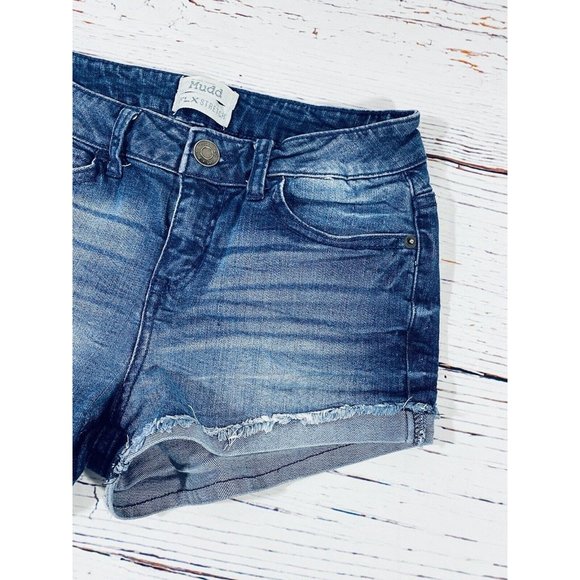 Mudd FLX Stretch Womens Jean Shorts Sz 3 Denim Booty Raw Rolled Hem Blue Shorty - Picture 4 of 9